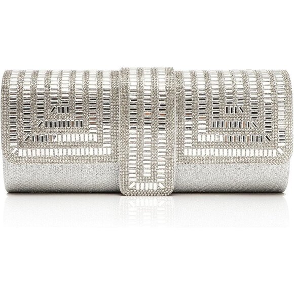 Womens Silver Crystal Sparkly Evening Clutch Purse with Rhinestones Wedding - Picture 1 of 6